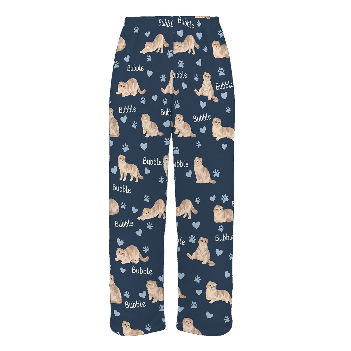 Personalized Scottish Fold Cat Pajama Pants, Custom Pet Name Fleece Trousers, Cat Lover Gift — 05 Deep Navy — full-trouser view