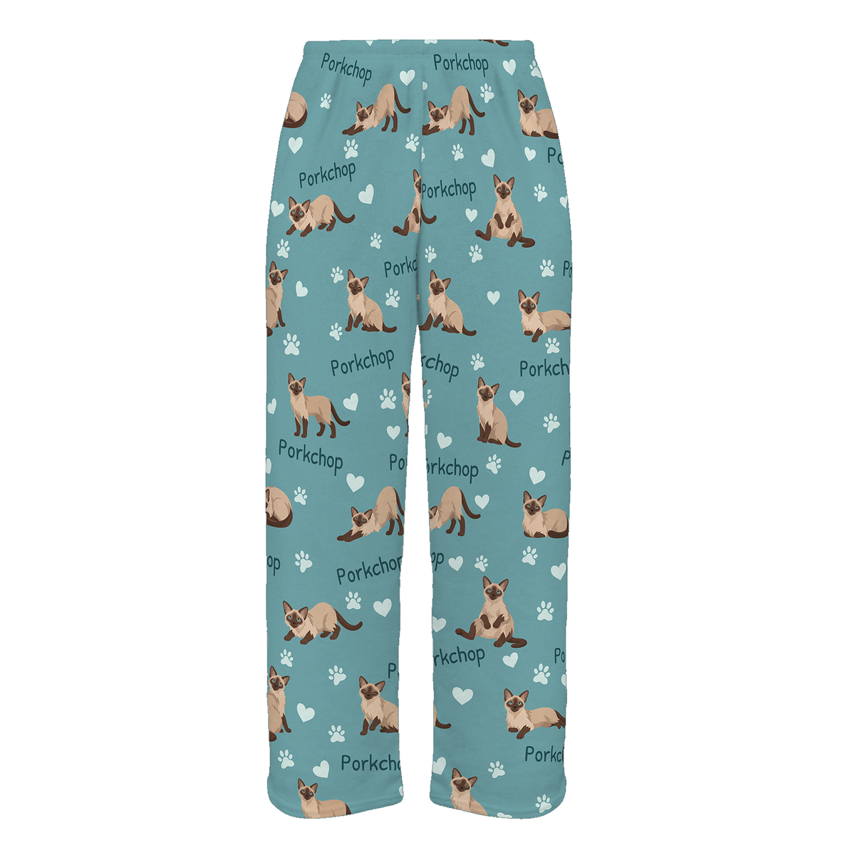 Personalized Tonkinese Cat Pajama Pants, Custom Pet Name Fleece Trousers, Cat Lover Gift — 01 Muted Teal — full-trouser view