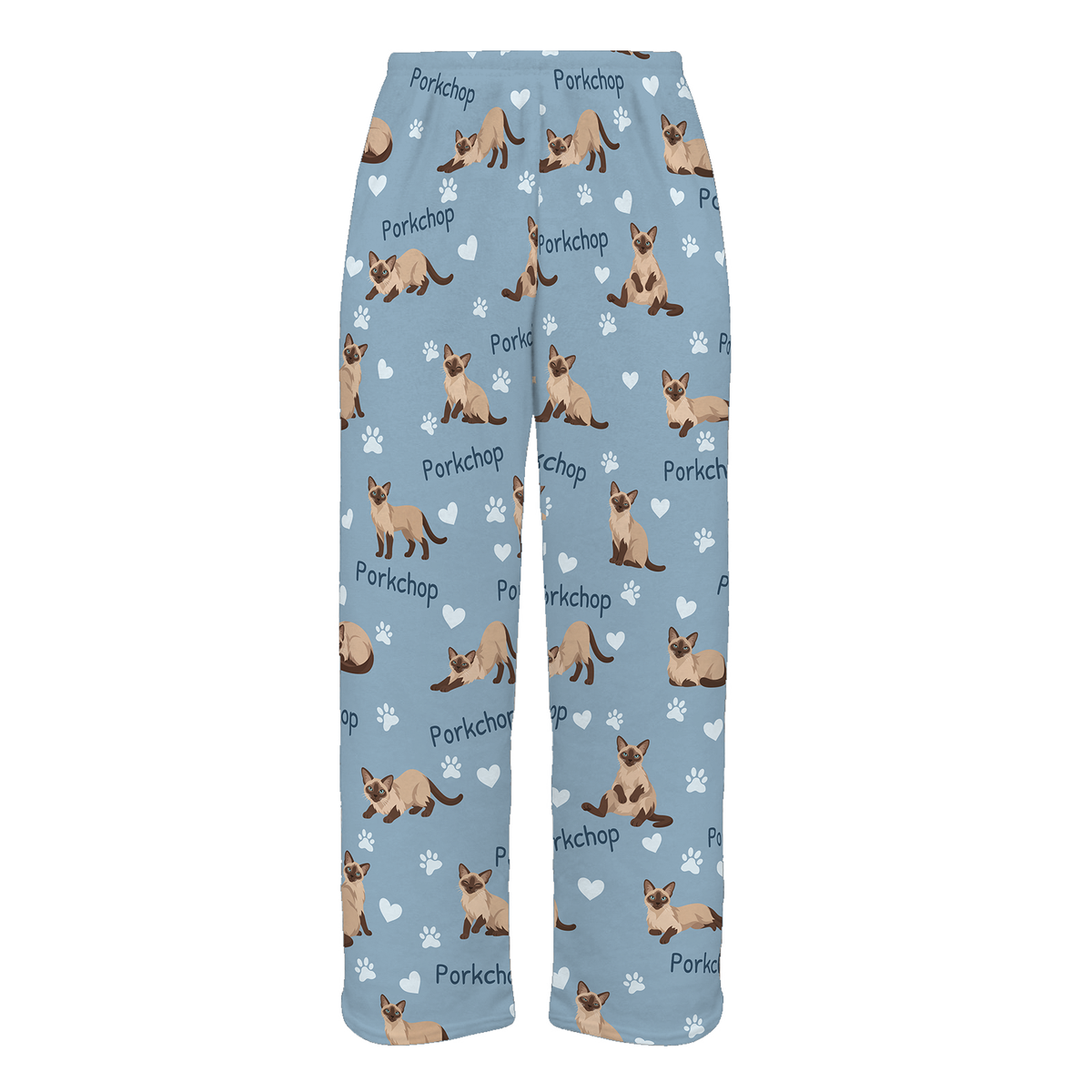 Personalized Tonkinese Cat Pajama Pants, Custom Pet Name Fleece Trousers, Cat Lover Gift — 02 Dusty Blue — full-trouser view