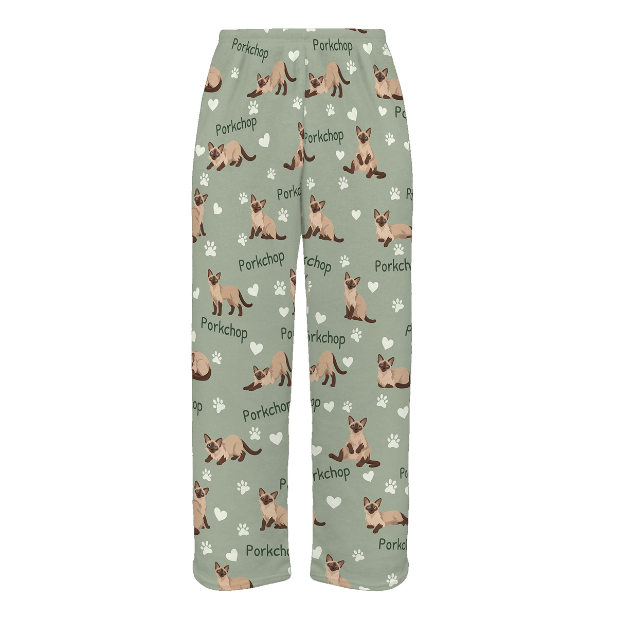 Personalized Tonkinese Cat Pajama Pants, Custom Pet Name Fleece Trousers, Cat Lover Gift — 03 Soft Sage — full-trouser view