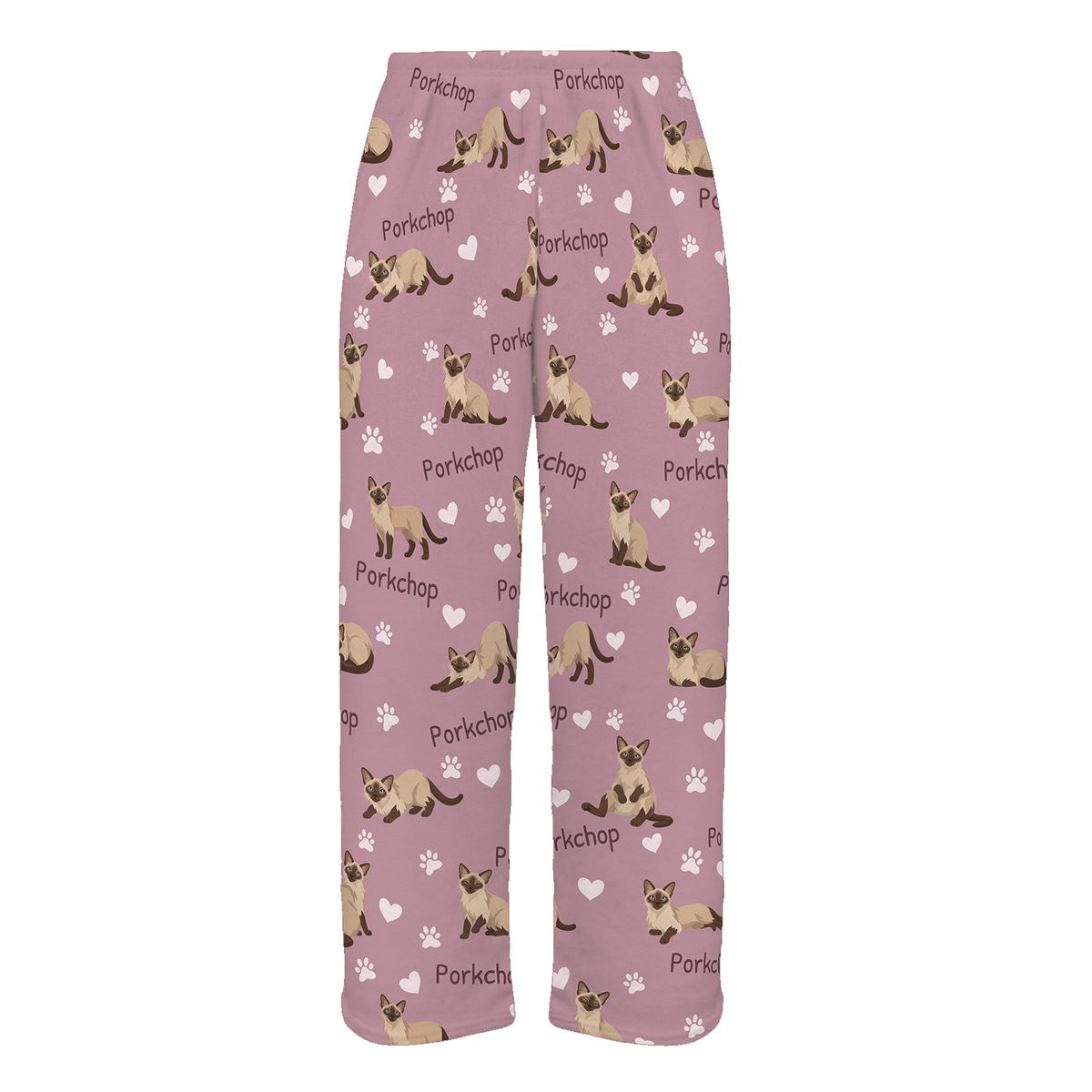 Personalized Tonkinese Cat Pajama Pants, Custom Pet Name Fleece Trousers, Cat Lover Gift — 04 Dusty Rose — full-trouser view