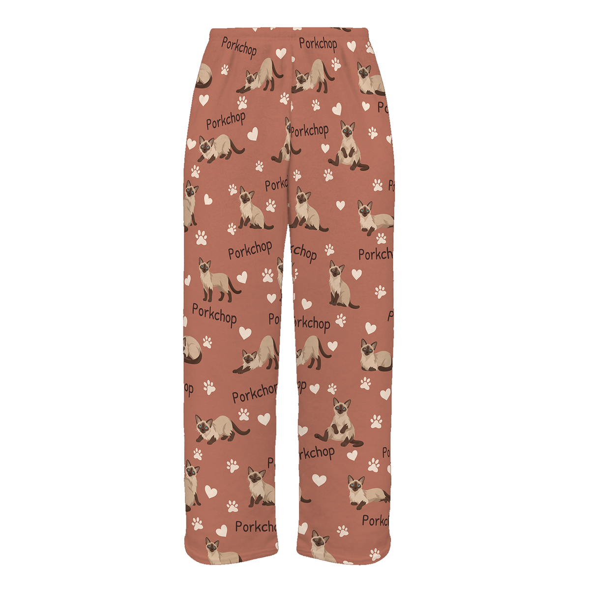 Personalized Tonkinese Cat Pajama Pants, Custom Pet Name Fleece Trousers, Cat Lover Gift — 06 Muted Terracotta — full-trouser view