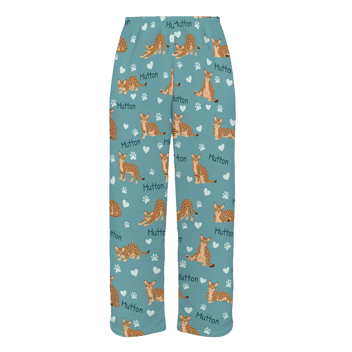 Personalized Ocicat Cat Pajama Pants, Custom Pet Name Fleece Trousers, Cat Lover Gift — 01 Muted Teal — full-trouser view