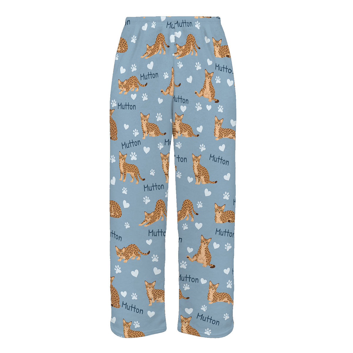 Personalized Ocicat Cat Pajama Pants, Custom Pet Name Fleece Trousers, Cat Lover Gift — 02 Dusty Blue — full-trouser view