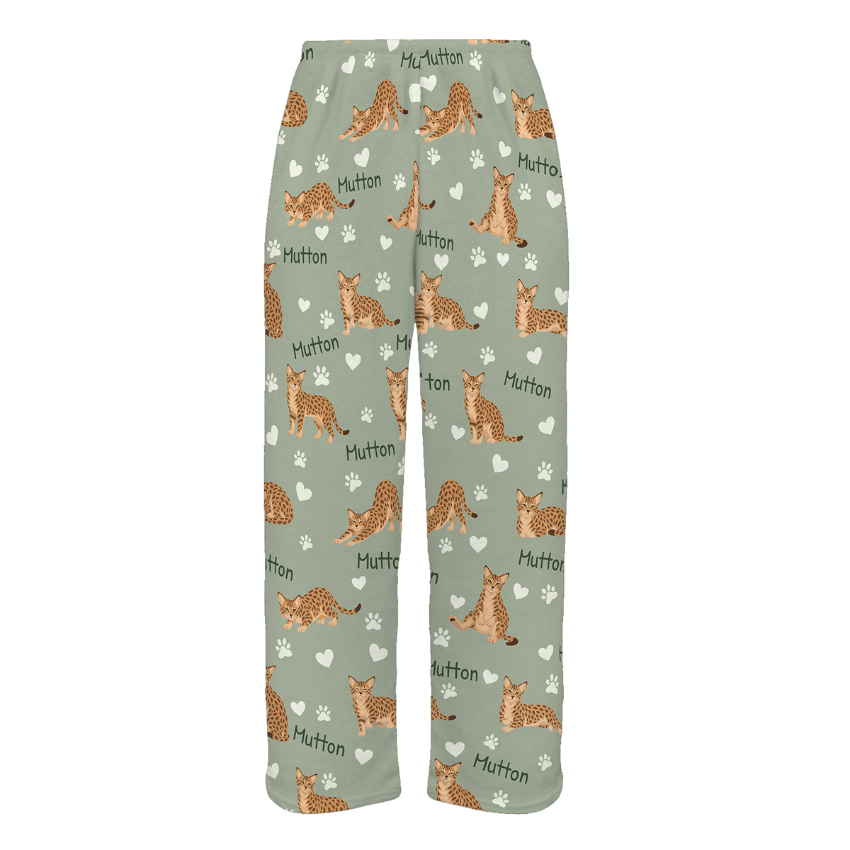 Personalized Ocicat Cat Pajama Pants, Custom Pet Name Fleece Trousers, Cat Lover Gift — 03 Soft Sage — full-trouser view