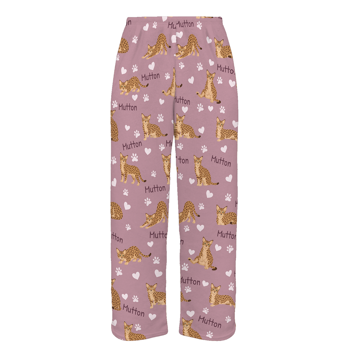 Personalized Ocicat Cat Pajama Pants, Custom Pet Name Fleece Trousers, Cat Lover Gift — 04 Dusty Rose — full-trouser view
