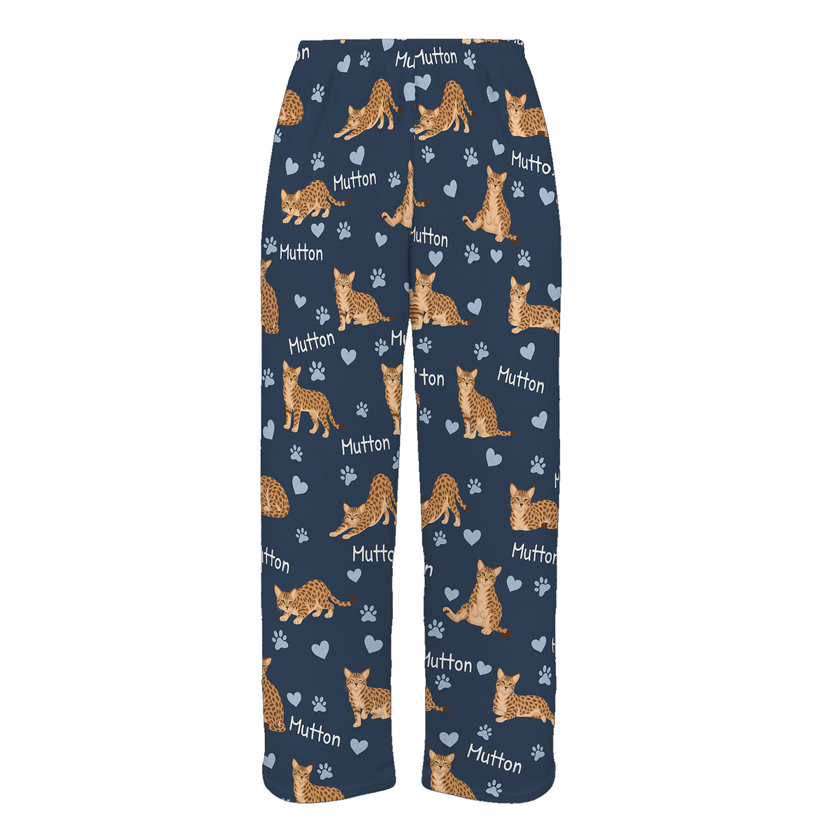 Personalized Ocicat Cat Pajama Pants, Custom Pet Name Fleece Trousers, Cat Lover Gift — 05 Deep Navy — full-trouser view