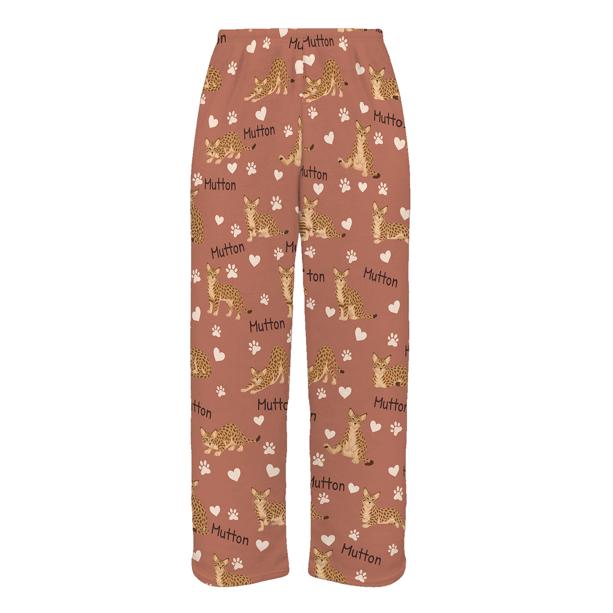 Personalized Ocicat Cat Pajama Pants, Custom Pet Name Fleece Trousers, Cat Lover Gift — 06 Muted Terracotta — full-trouser view