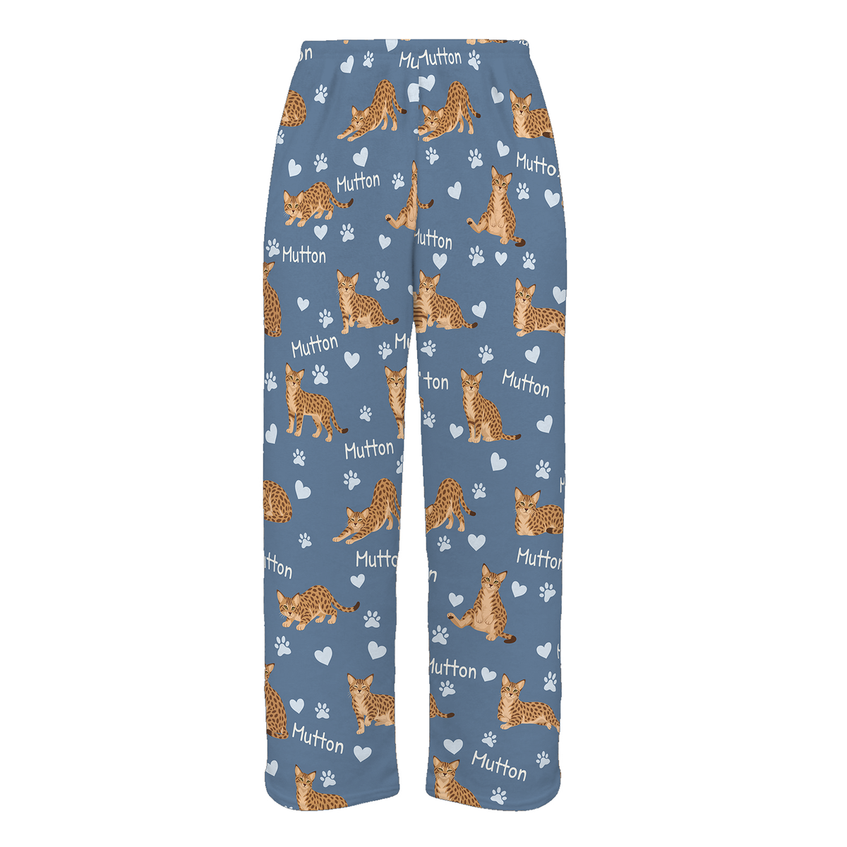 Personalized Ocicat Cat Pajama Pants, Custom Pet Name Fleece Trousers, Cat Lover Gift — As shown — full-trouser view