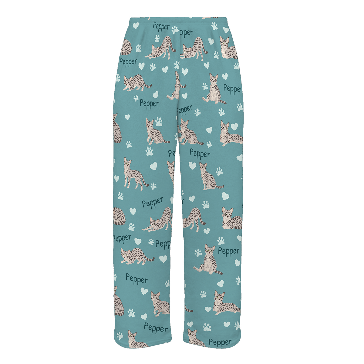 Personalized Egyptian Mau Cat Pajama Pants, Custom Pet Name Fleece Trousers, Cat Lover Gift — 01 Muted Teal — full-trouser view