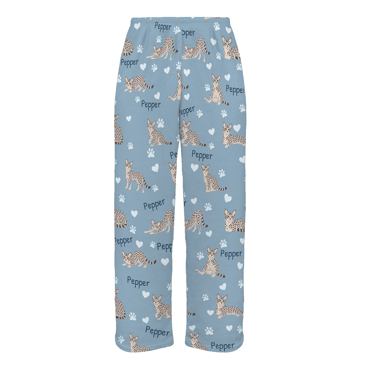 Personalized Egyptian Mau Cat Pajama Pants, Custom Pet Name Fleece Trousers, Cat Lover Gift — 02 Dusty Blue — full-trouser view
