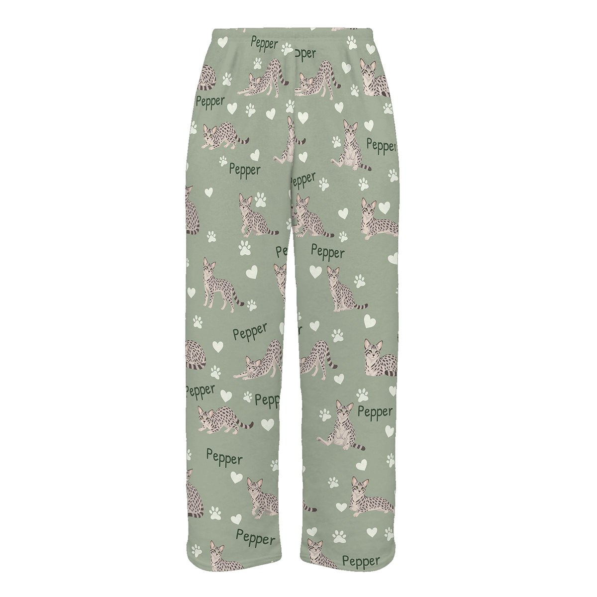 Personalized Egyptian Mau Cat Pajama Pants, Custom Pet Name Fleece Trousers, Cat Lover Gift — 03 Soft Sage — full-trouser view