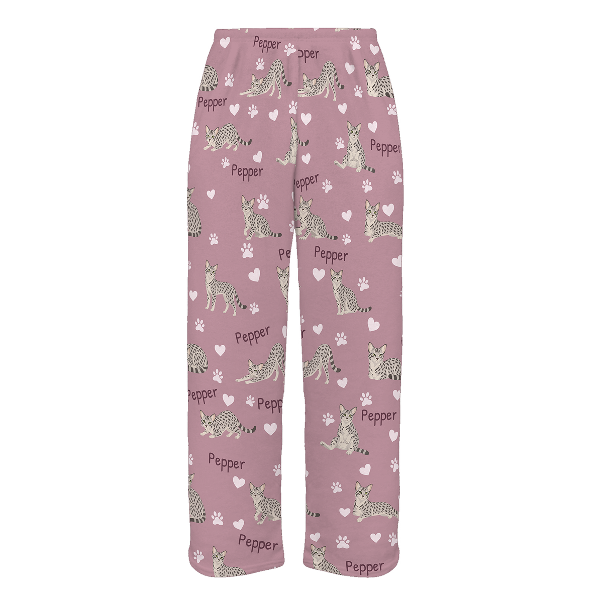 Personalized Egyptian Mau Cat Pajama Pants, Custom Pet Name Fleece Trousers, Cat Lover Gift — 04 Dusty Rose — full-trouser view