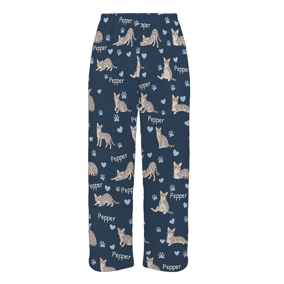 Personalized Egyptian Mau Cat Pajama Pants, Custom Pet Name Fleece Trousers, Cat Lover Gift — 05 Deep Navy — full-trouser view