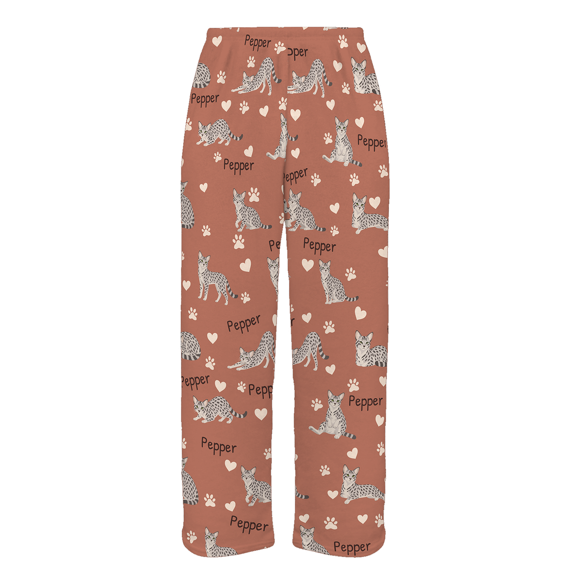 Personalized Egyptian Mau Cat Pajama Pants, Custom Pet Name Fleece Trousers, Cat Lover Gift — 06 Muted Terracotta — full-trouser view