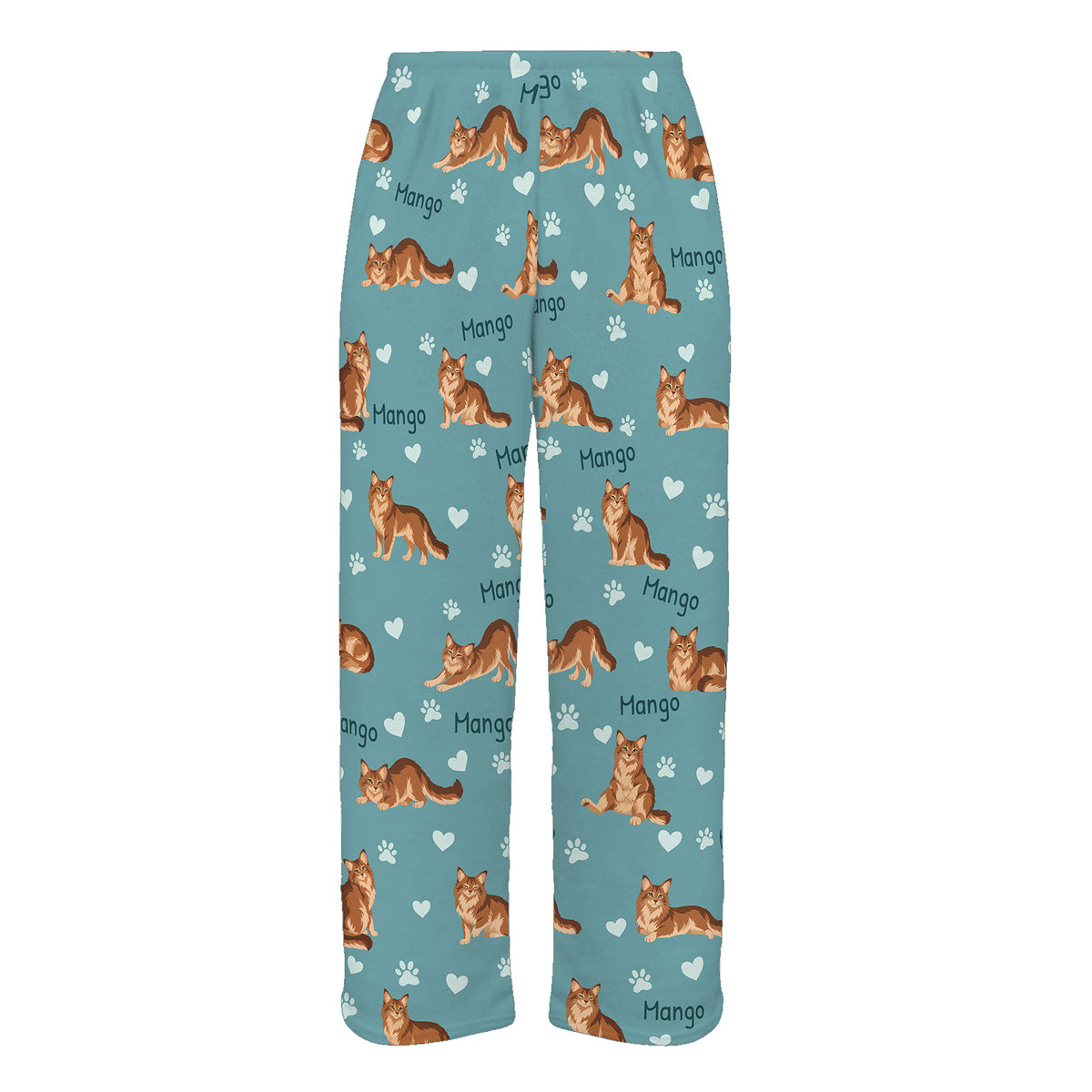 Personalized Somali Cat Pajama Pants, Custom Pet Name Fleece Trousers, Cat Lover Gift — 01 Muted Teal — full-trouser view