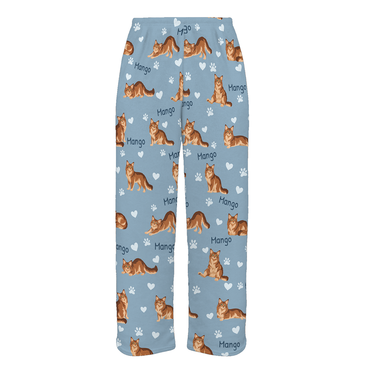 Personalized Somali Cat Pajama Pants, Custom Pet Name Fleece Trousers, Cat Lover Gift — 02 Dusty Blue — full-trouser view