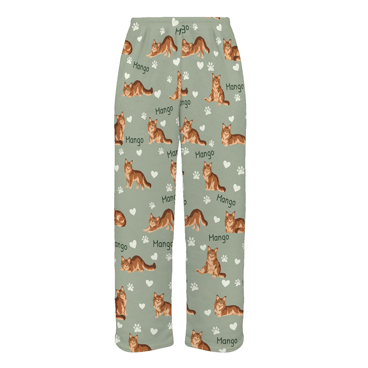 Personalized Somali Cat Pajama Pants, Custom Pet Name Fleece Trousers, Cat Lover Gift — 03 Soft Sage — full-trouser view