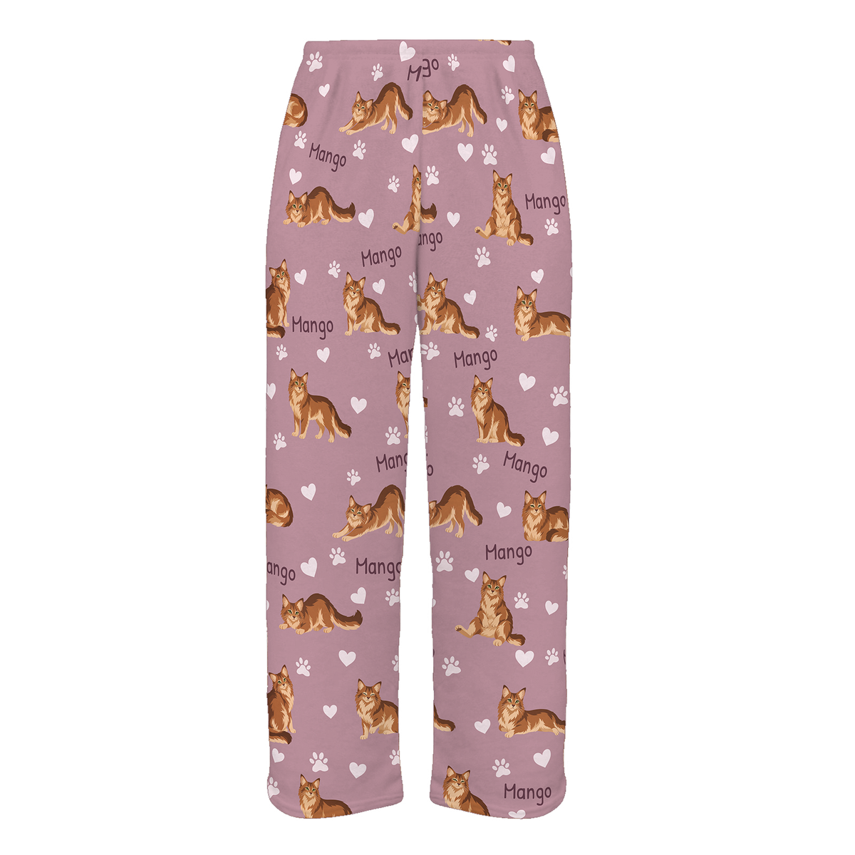 Personalized Somali Cat Pajama Pants, Custom Pet Name Fleece Trousers, Cat Lover Gift — 04 Dusty Rose — full-trouser view