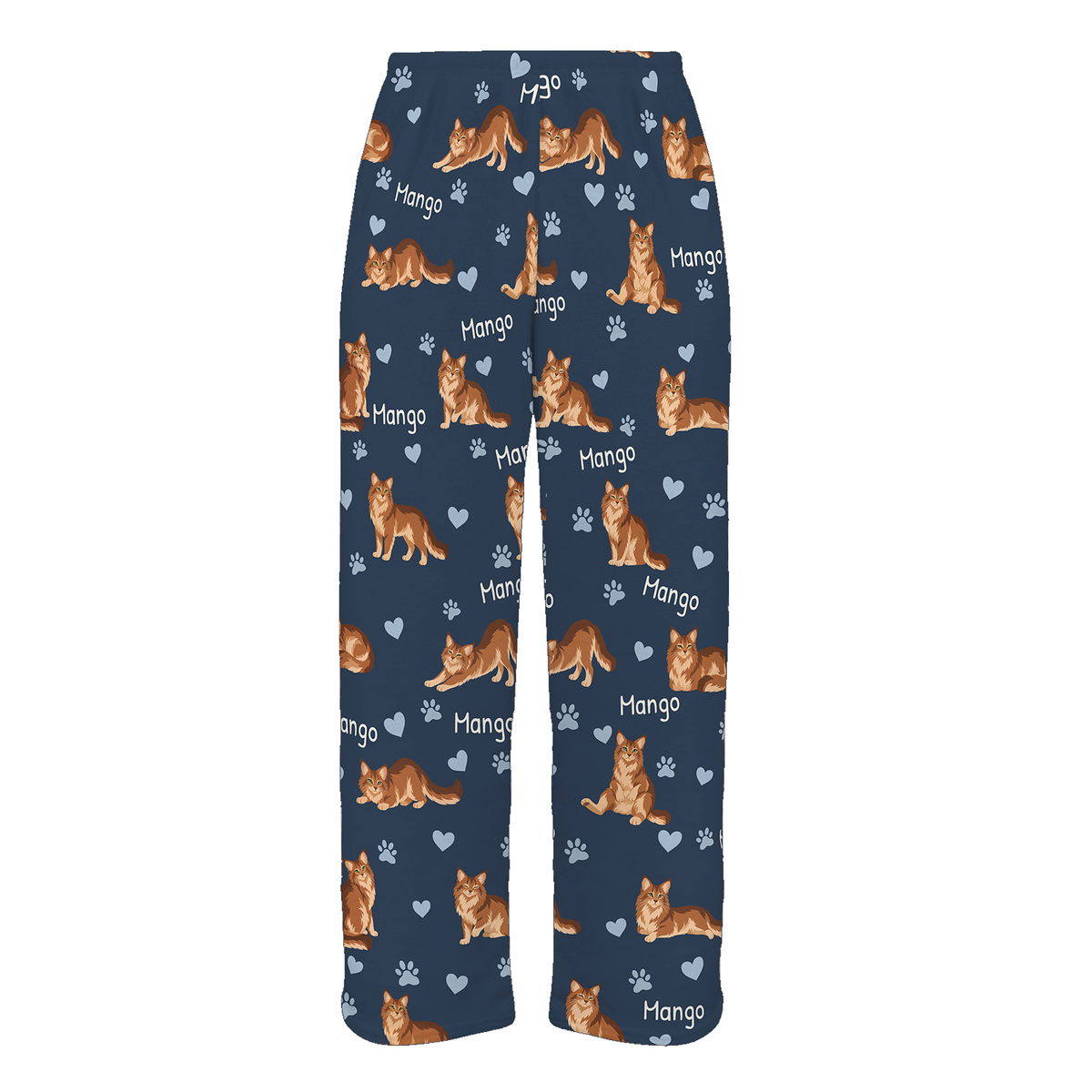 Personalized Somali Cat Pajama Pants, Custom Pet Name Fleece Trousers, Cat Lover Gift — 05 Deep Navy — full-trouser view