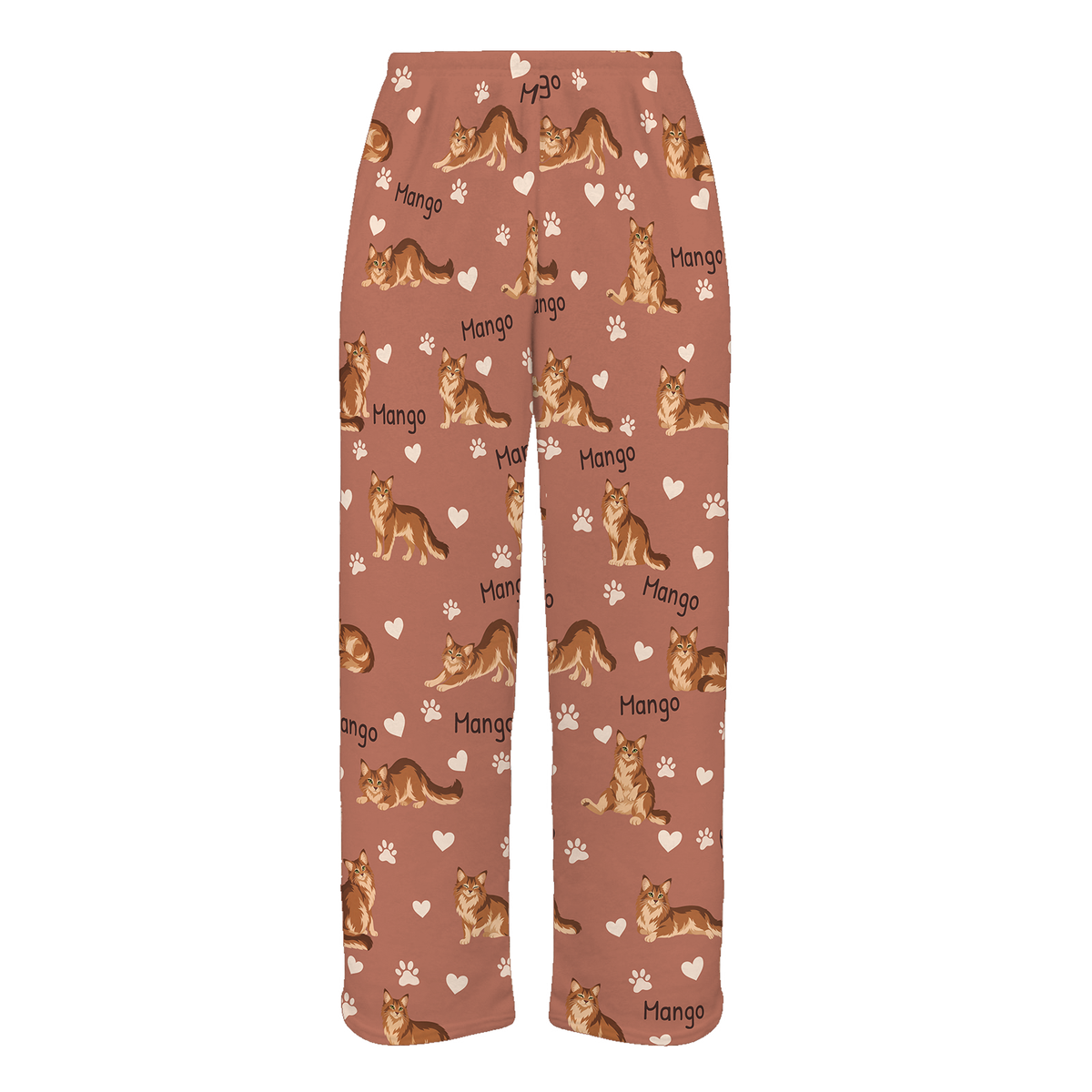 Personalized Somali Cat Pajama Pants, Custom Pet Name Fleece Trousers, Cat Lover Gift — 06 Muted Terracotta — full-trouser view