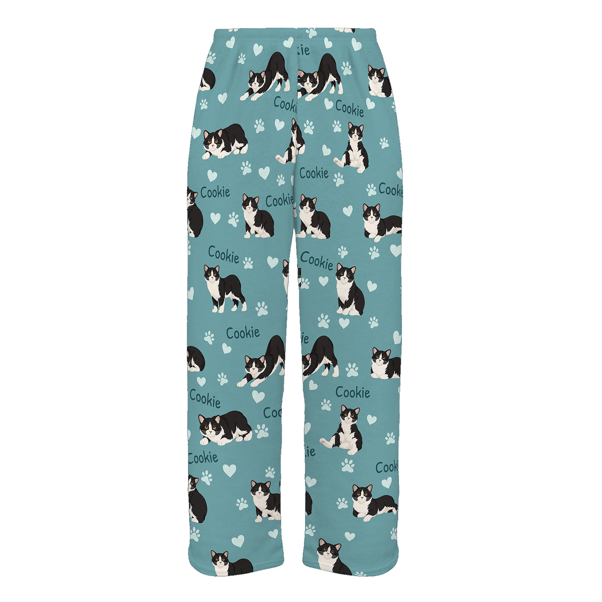 Personalized Manx Cat Pajama Pants, Custom Pet Name Fleece Trousers, Cat Lover Gift — 01 Muted Teal — full-trouser view