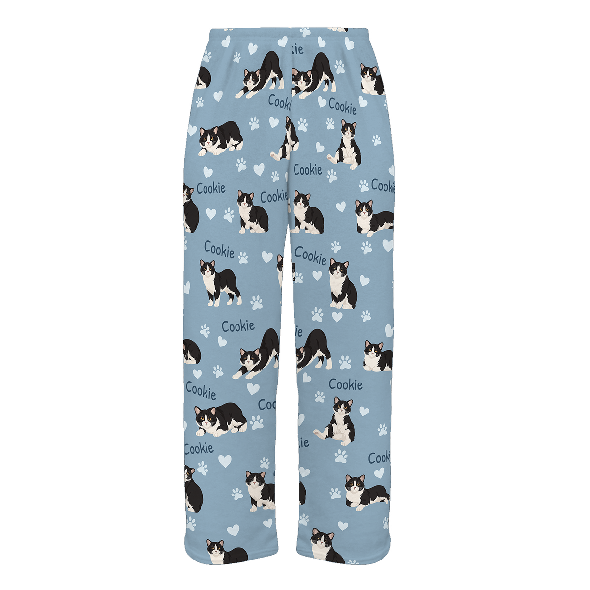 Personalized Manx Cat Pajama Pants, Custom Pet Name Fleece Trousers, Cat Lover Gift — 02 Dusty Blue — full-trouser view