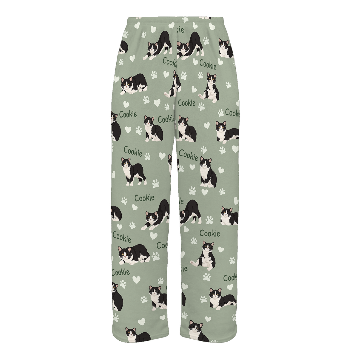 Personalized Manx Cat Pajama Pants, Custom Pet Name Fleece Trousers, Cat Lover Gift — 03 Soft Sage — full-trouser view