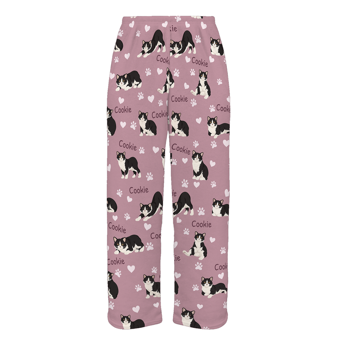 Personalized Manx Cat Pajama Pants, Custom Pet Name Fleece Trousers, Cat Lover Gift — 04 Dusty Rose — full-trouser view