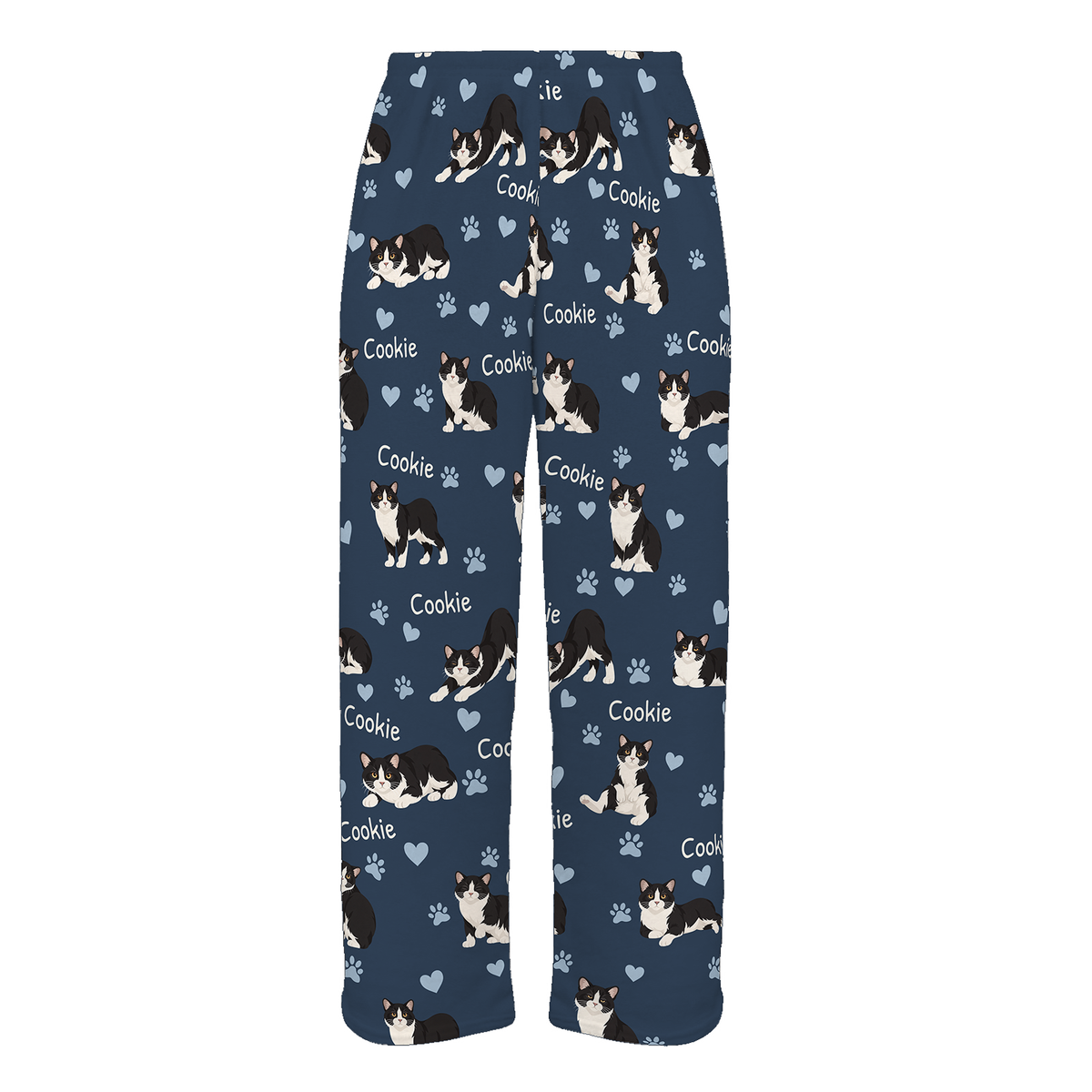 Personalized Manx Cat Pajama Pants, Custom Pet Name Fleece Trousers, Cat Lover Gift — 05 Deep Navy — full-trouser view