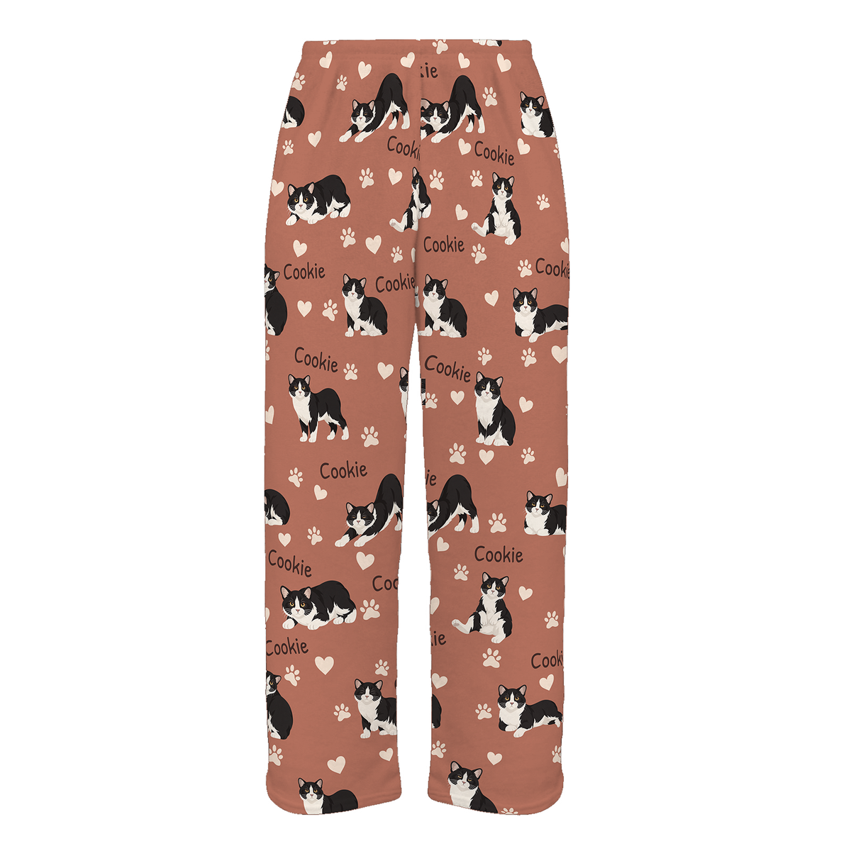 Personalized Manx Cat Pajama Pants, Custom Pet Name Fleece Trousers, Cat Lover Gift — 06 Muted Terracotta — full-trouser view