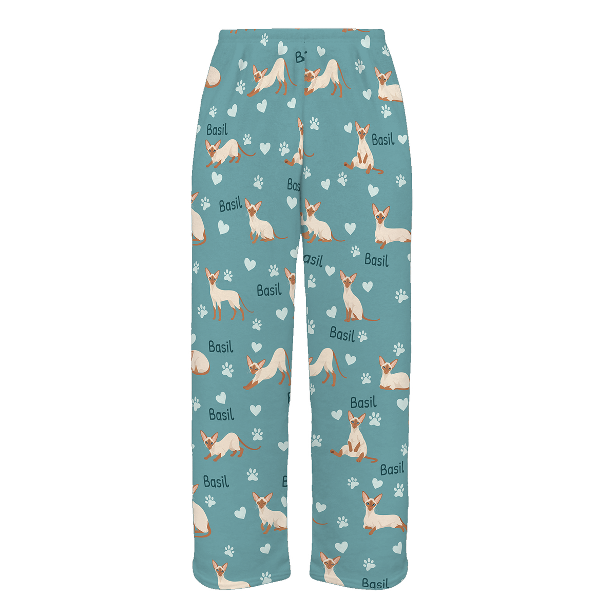 Personalized Colorpoint Shorthair Cat Pajama Pants, Custom Pet Name Fleece Trousers, Cat Lover Gift — 01 Muted Teal — full-trouser view