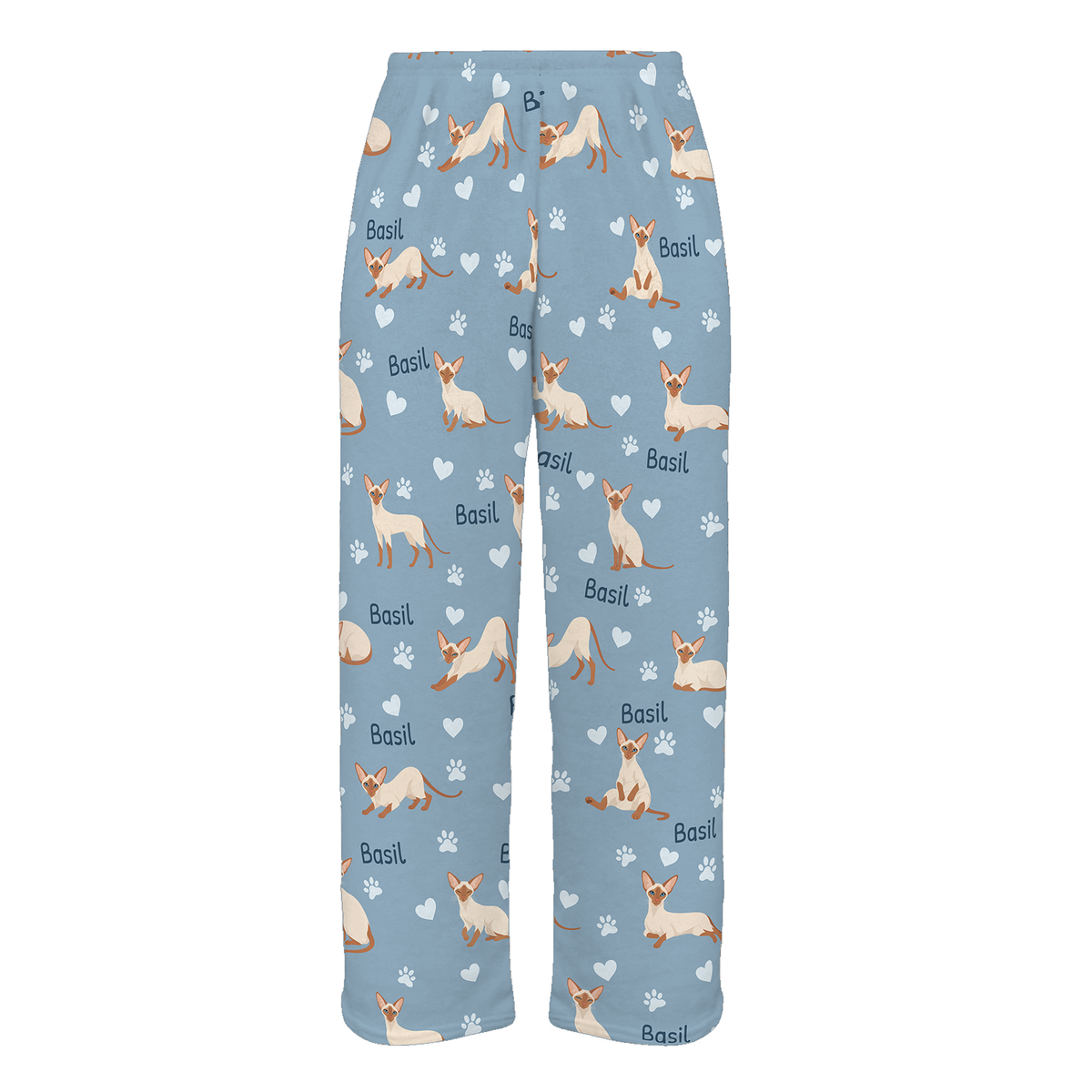 Personalized Colorpoint Shorthair Cat Pajama Pants, Custom Pet Name Fleece Trousers, Cat Lover Gift — 02 Dusty Blue — full-trouser view