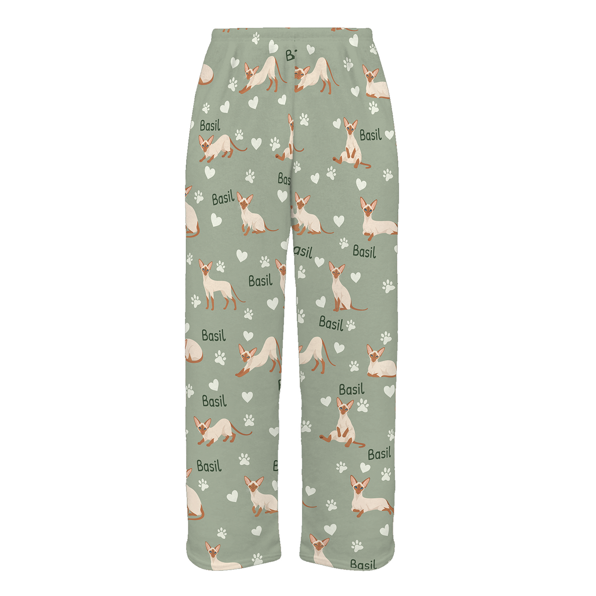 Personalized Colorpoint Shorthair Cat Pajama Pants, Custom Pet Name Fleece Trousers, Cat Lover Gift — 03 Soft Sage — full-trouser view