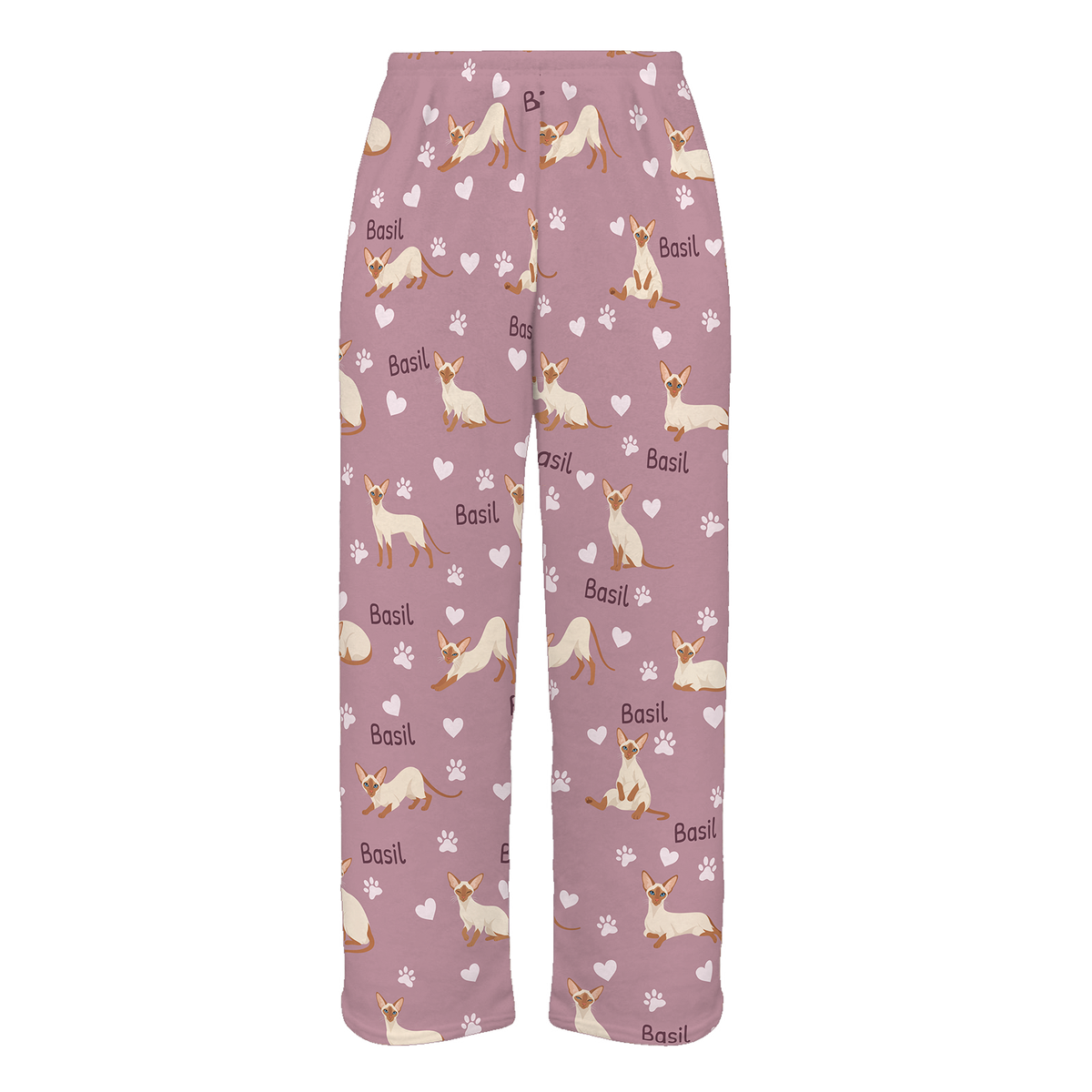 Personalized Colorpoint Shorthair Cat Pajama Pants, Custom Pet Name Fleece Trousers, Cat Lover Gift — 04 Dusty Rose — full-trouser view