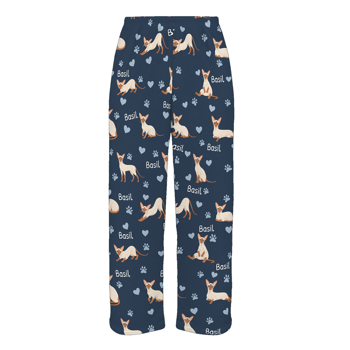 Personalized Colorpoint Shorthair Cat Pajama Pants, Custom Pet Name Fleece Trousers, Cat Lover Gift — 05 Deep Navy — full-trouser view