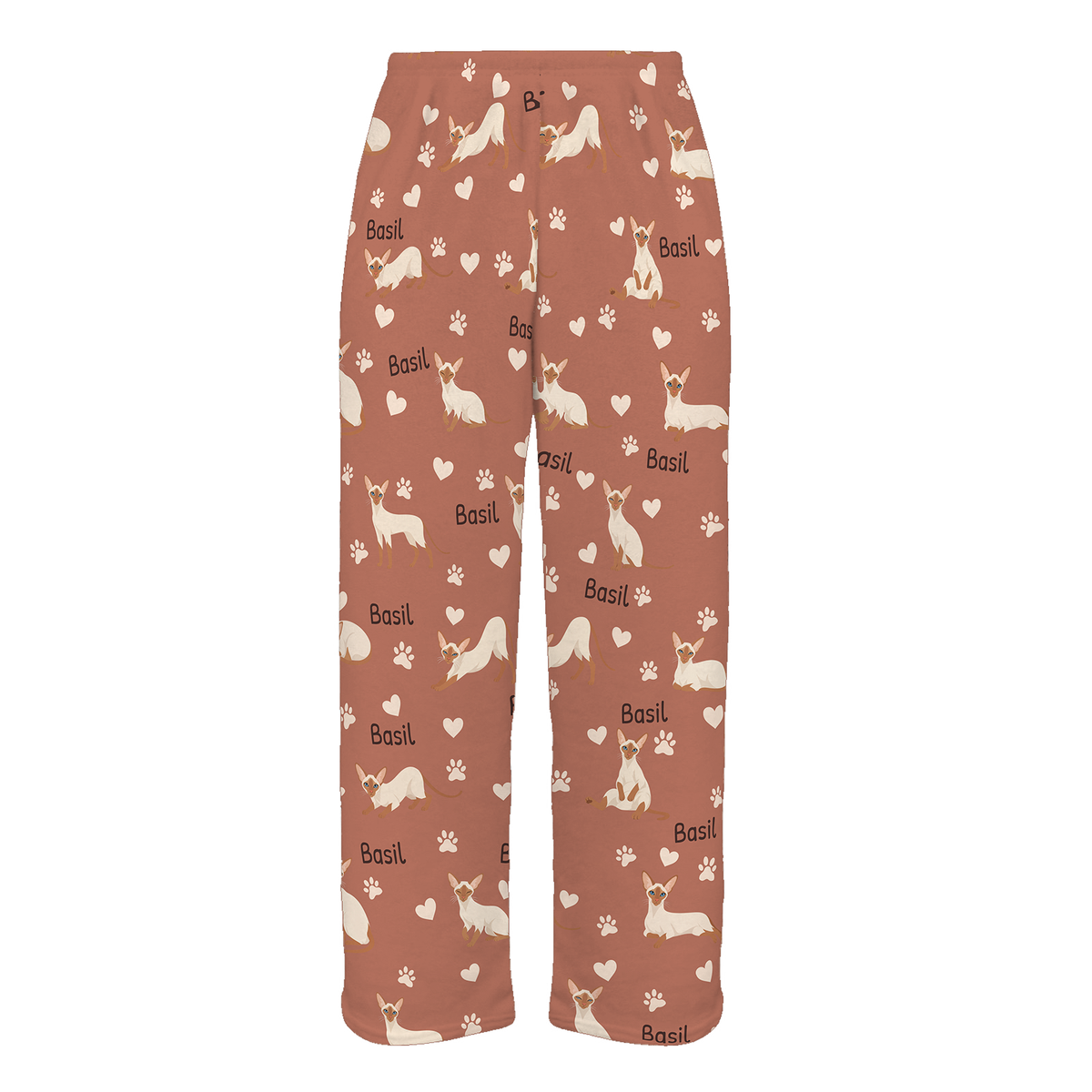 Personalized Colorpoint Shorthair Cat Pajama Pants, Custom Pet Name Fleece Trousers, Cat Lover Gift — 06 Muted Terracotta — full-trouser view