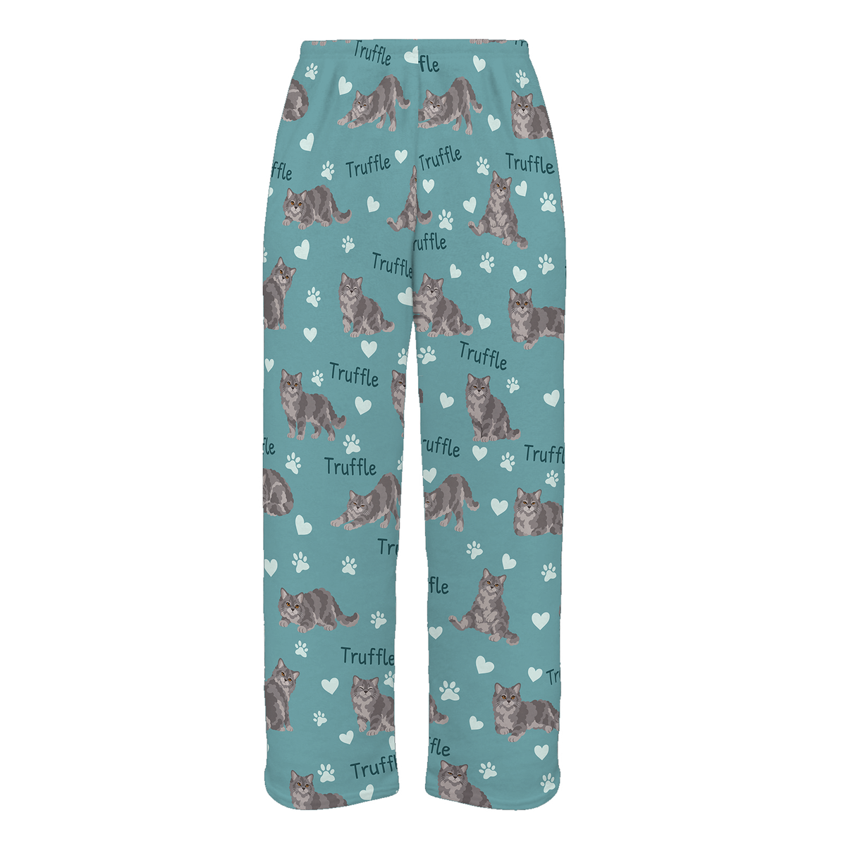 Personalized Selkirk Rex Cat Pajama Pants, Custom Pet Name Fleece Trousers, Cat Lover Gift — 01 Muted Teal — full-trouser view