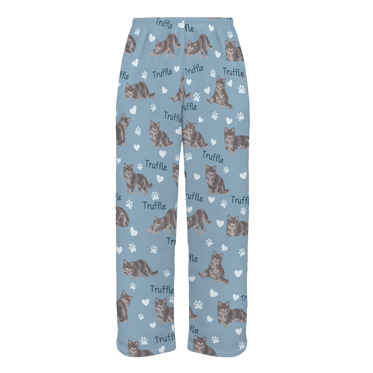 Personalized Selkirk Rex Cat Pajama Pants, Custom Pet Name Fleece Trousers, Cat Lover Gift — 02 Dusty Blue — full-trouser view