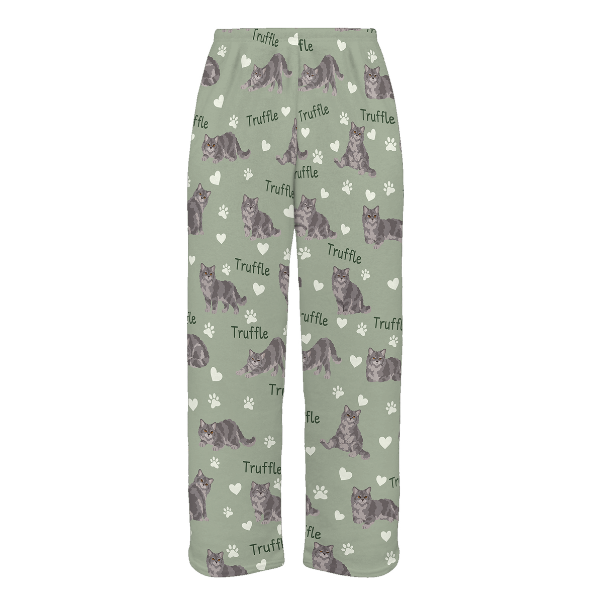 Personalized Selkirk Rex Cat Pajama Pants, Custom Pet Name Fleece Trousers, Cat Lover Gift — 03 Soft Sage — full-trouser view