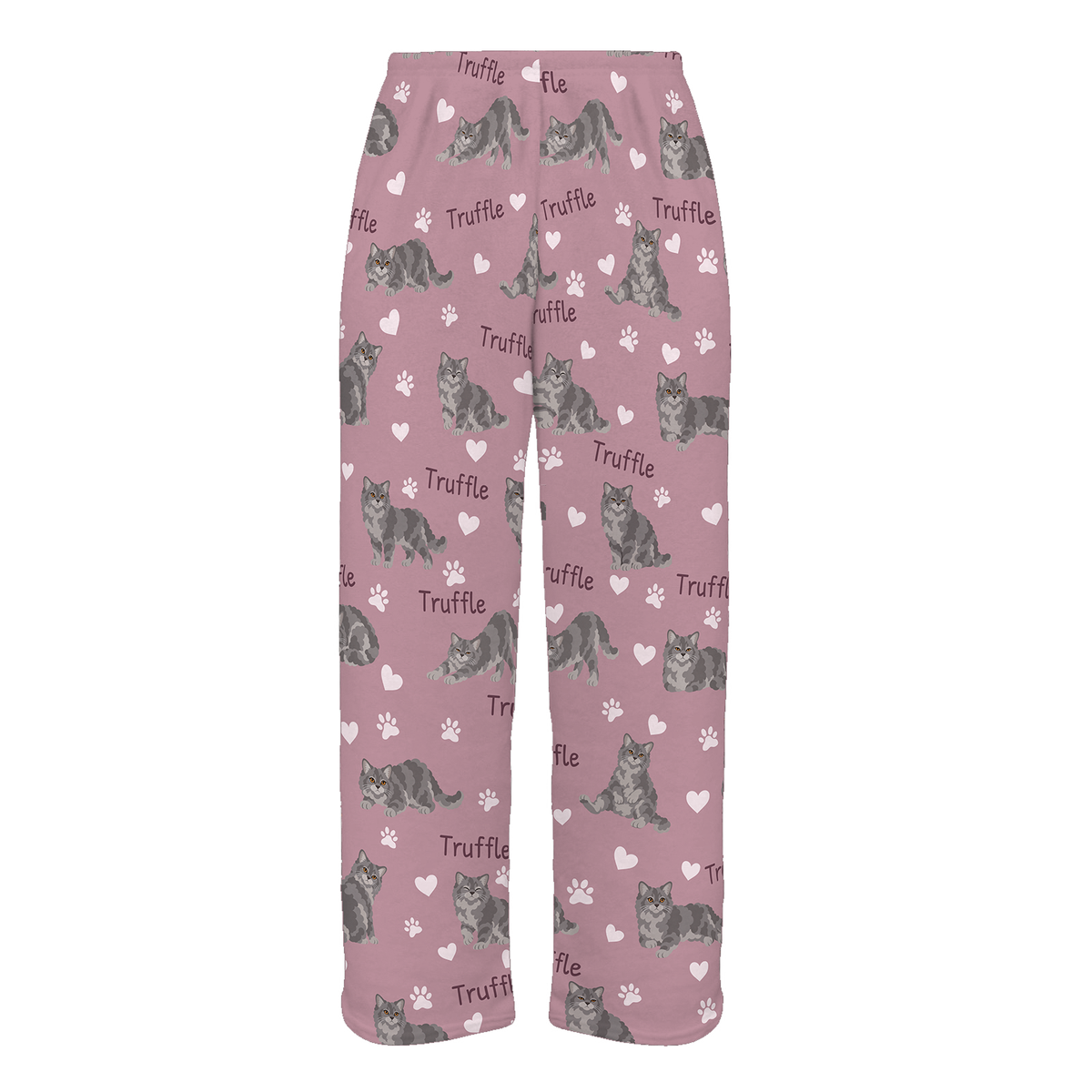 Personalized Selkirk Rex Cat Pajama Pants, Custom Pet Name Fleece Trousers, Cat Lover Gift — 04 Dusty Rose — full-trouser view