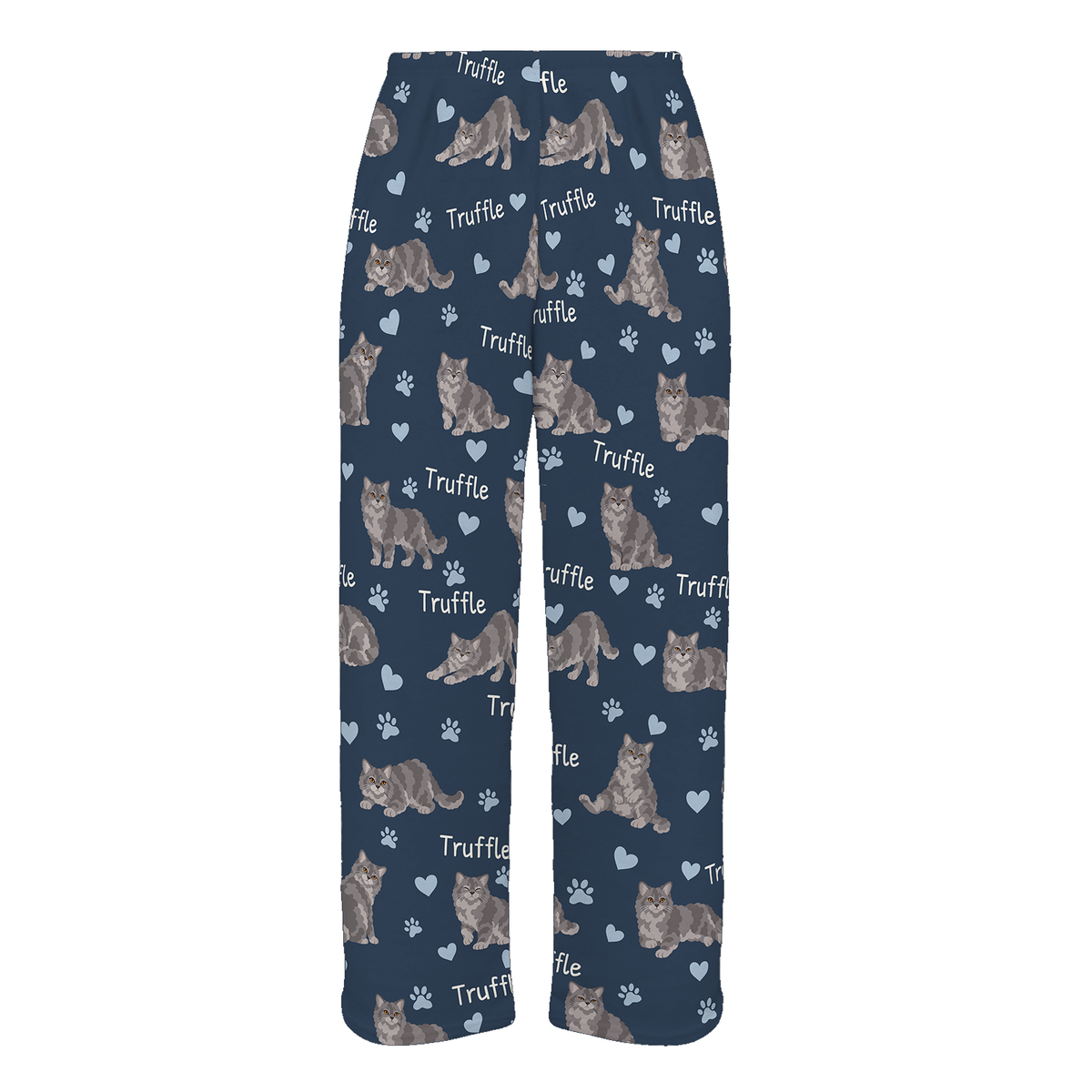Personalized Selkirk Rex Cat Pajama Pants, Custom Pet Name Fleece Trousers, Cat Lover Gift — 05 Deep Navy — full-trouser view