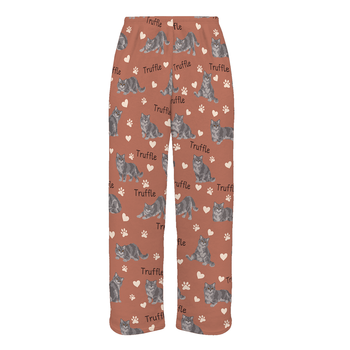 Personalized Selkirk Rex Cat Pajama Pants, Custom Pet Name Fleece Trousers, Cat Lover Gift — 06 Muted Terracotta — full-trouser view