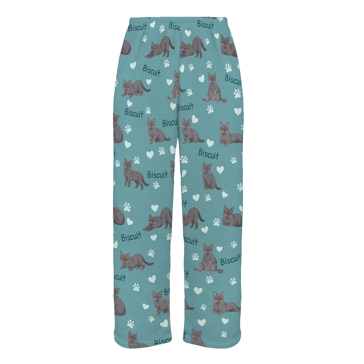 Personalized Chartreux Cat Pajama Pants, Custom Pet Name Fleece Trousers, Cat Lover Gift — 01 Muted Teal — full-trouser view