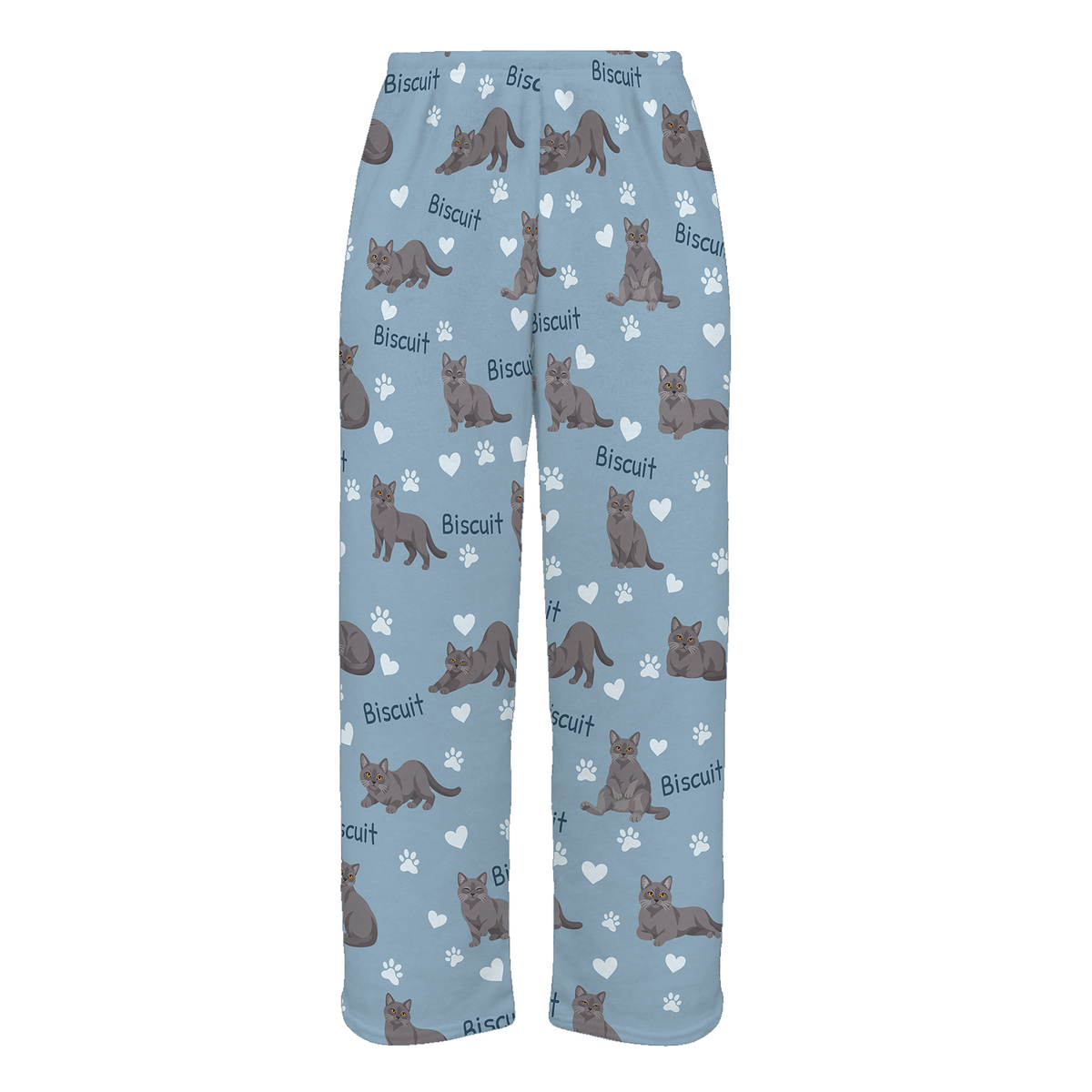 Personalized Chartreux Cat Pajama Pants, Custom Pet Name Fleece Trousers, Cat Lover Gift — 02 Dusty Blue — full-trouser view
