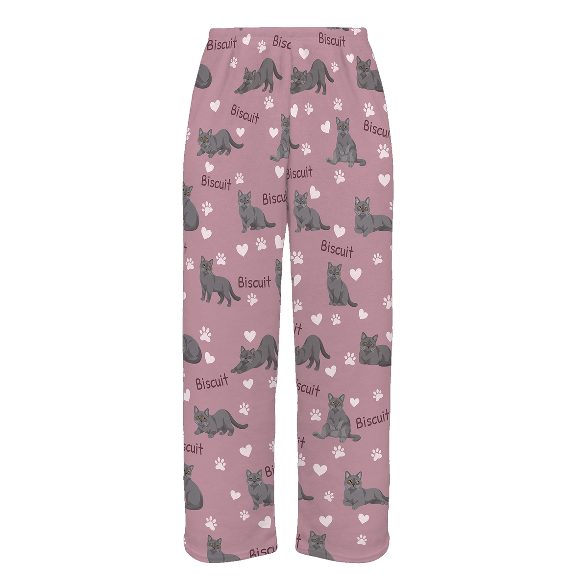 Personalized Chartreux Cat Pajama Pants, Custom Pet Name Fleece Trousers, Cat Lover Gift — 04 Dusty Rose — full-trouser view