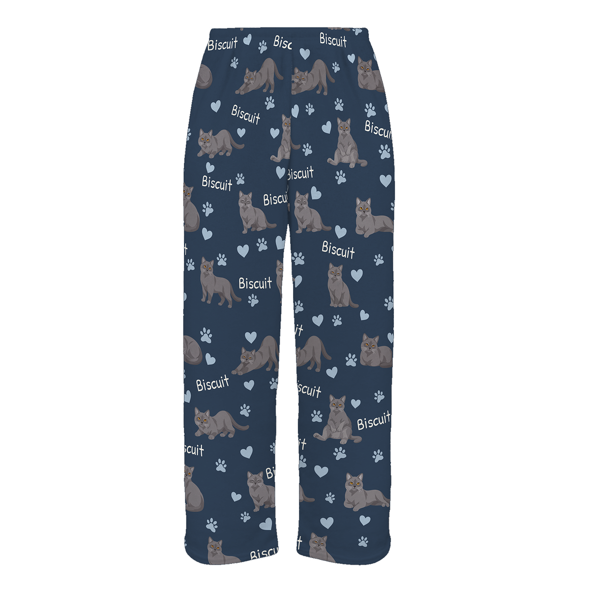Personalized Chartreux Cat Pajama Pants, Custom Pet Name Fleece Trousers, Cat Lover Gift — 05 Deep Navy — full-trouser view