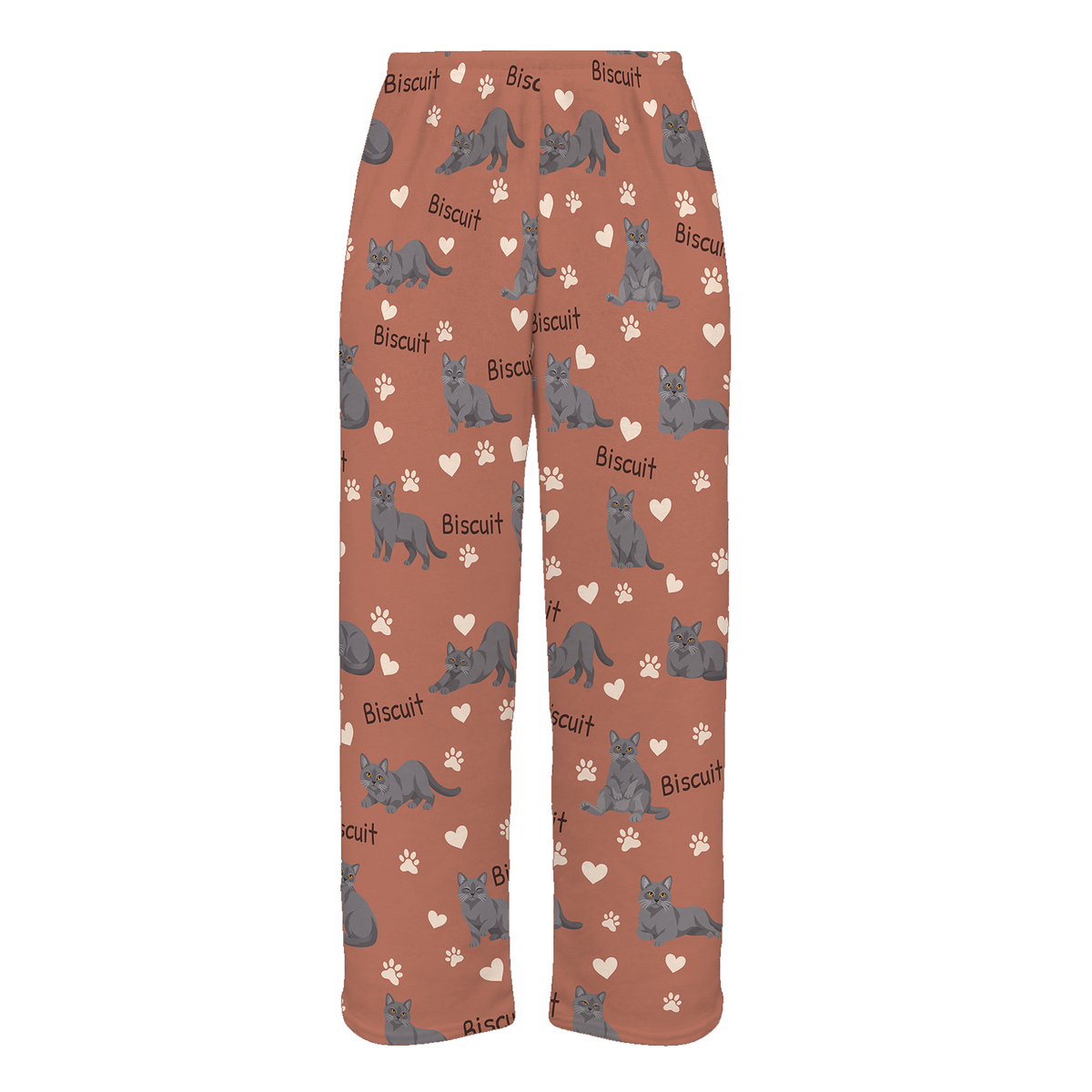 Personalized Chartreux Cat Pajama Pants, Custom Pet Name Fleece Trousers, Cat Lover Gift — 06 Muted Terracotta — full-trouser view