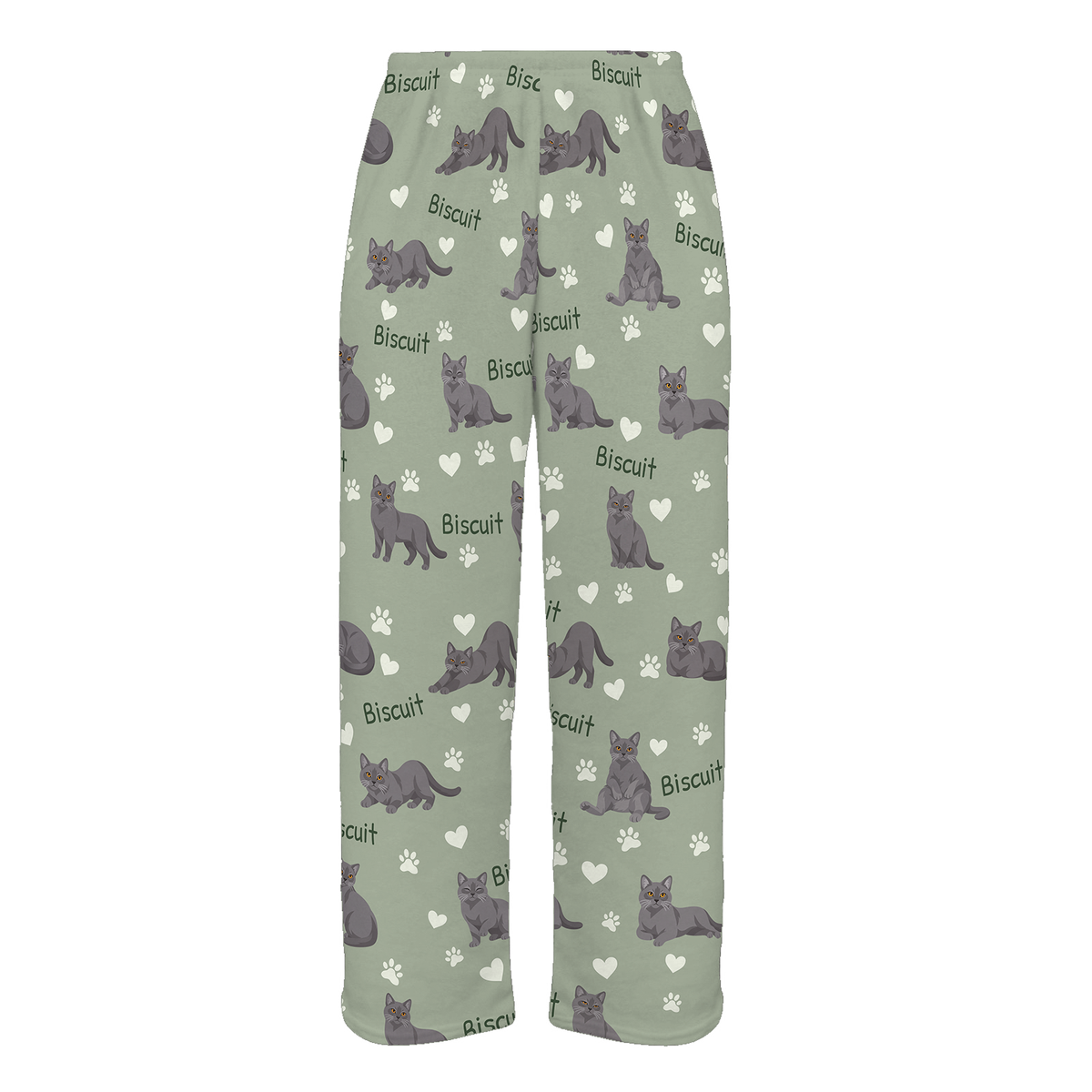 Personalized Chartreux Cat Pajama Pants, Custom Pet Name Fleece Trousers, Cat Lover Gift — As shown — full-trouser view