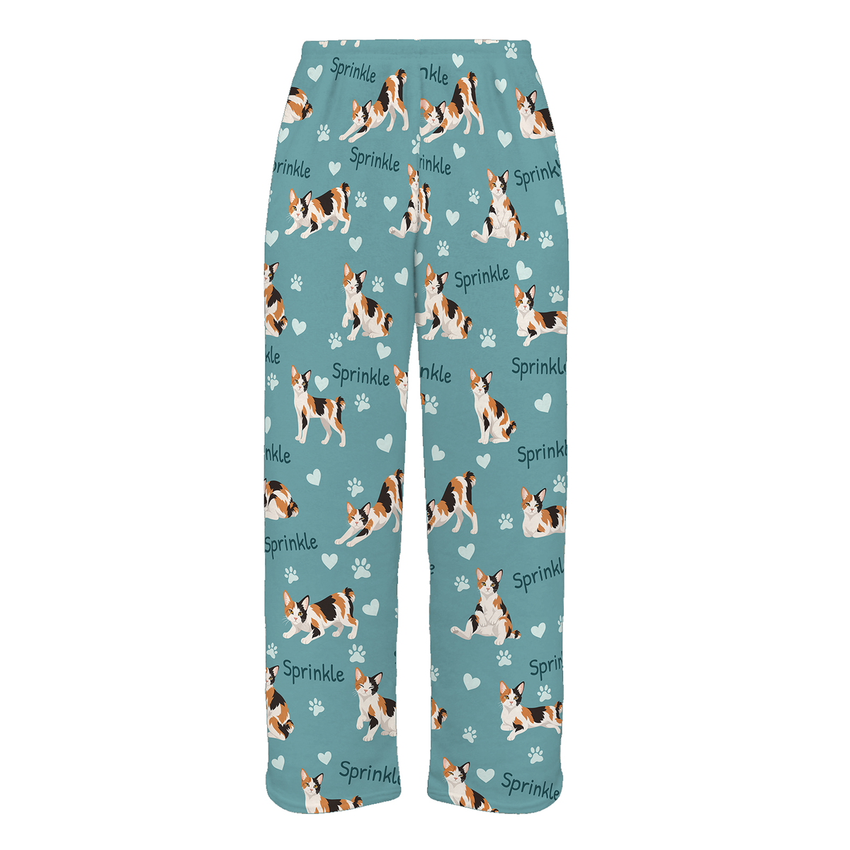 Personalized Japanese Bobtail Cat Pajama Pants, Custom Pet Name Fleece Trousers, Cat Lover Gift — 01 Muted Teal — full-trouser view